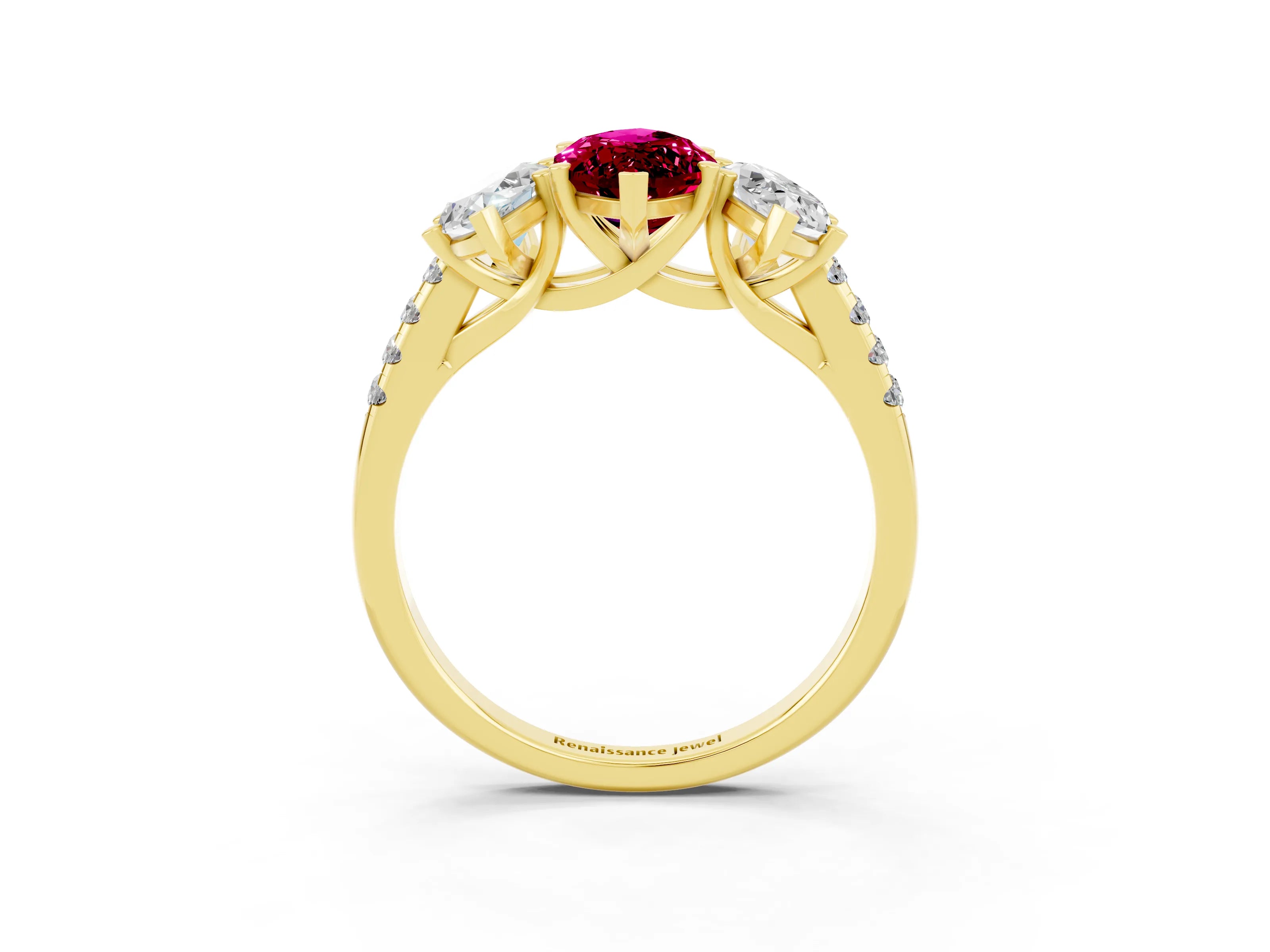 Yellow gold Three-Stone Marquise Cut Garnet Ring with Pavé Band and Prong Setting_15