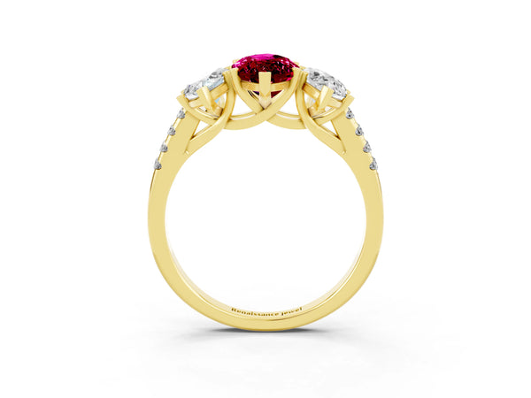 Yellow gold Three-Stone Marquise Cut Garnet Ring with Round  Pavé Band and Prong Setting