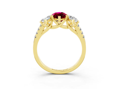 Yellow gold Three-Stone Marquise Cut Garnet Ring with Pavé Band and Prong Setting_15