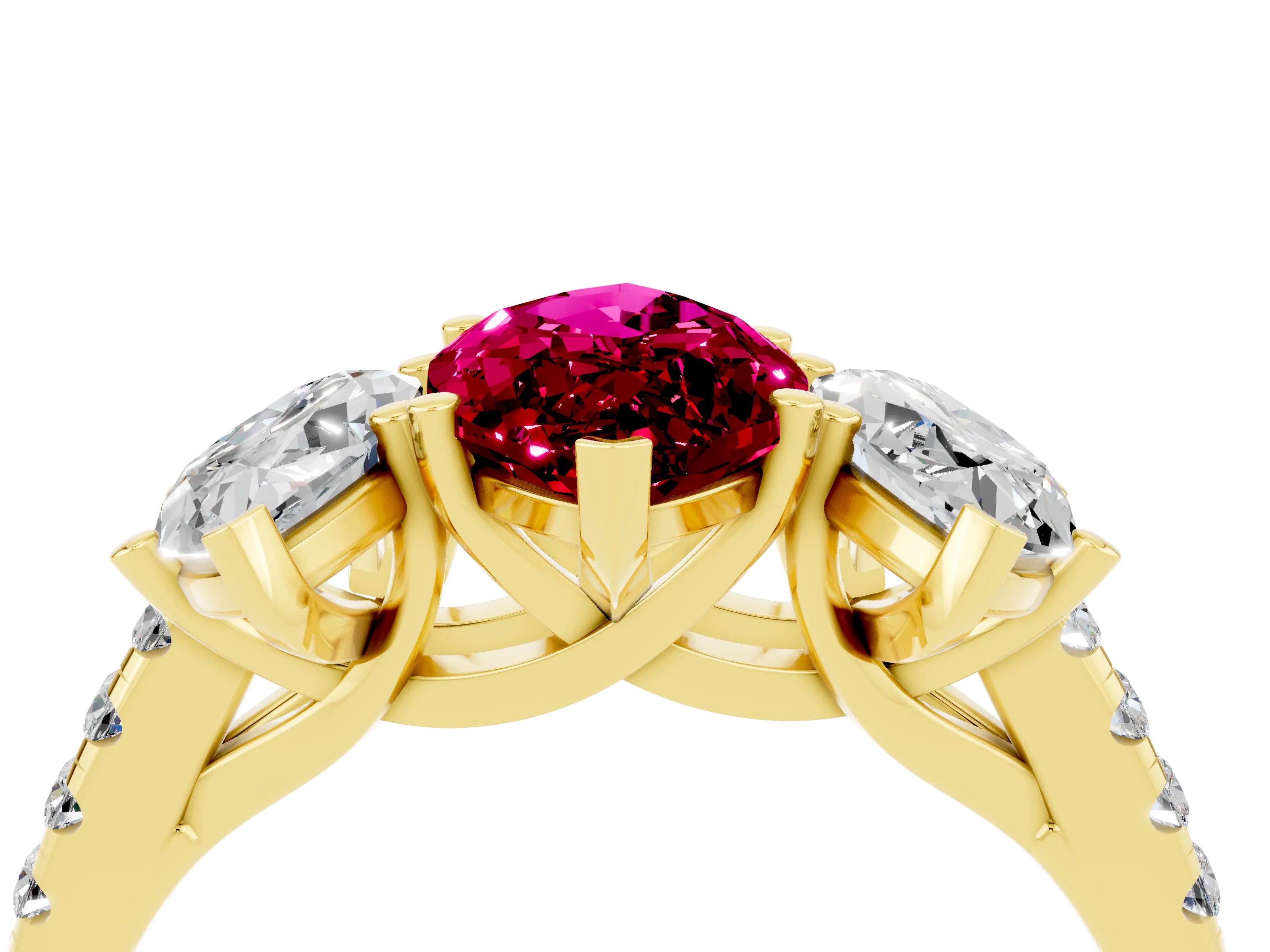 Yellow gold Three-Stone Marquise Cut Garnet Ring with Pavé Band and Prong Setting_16