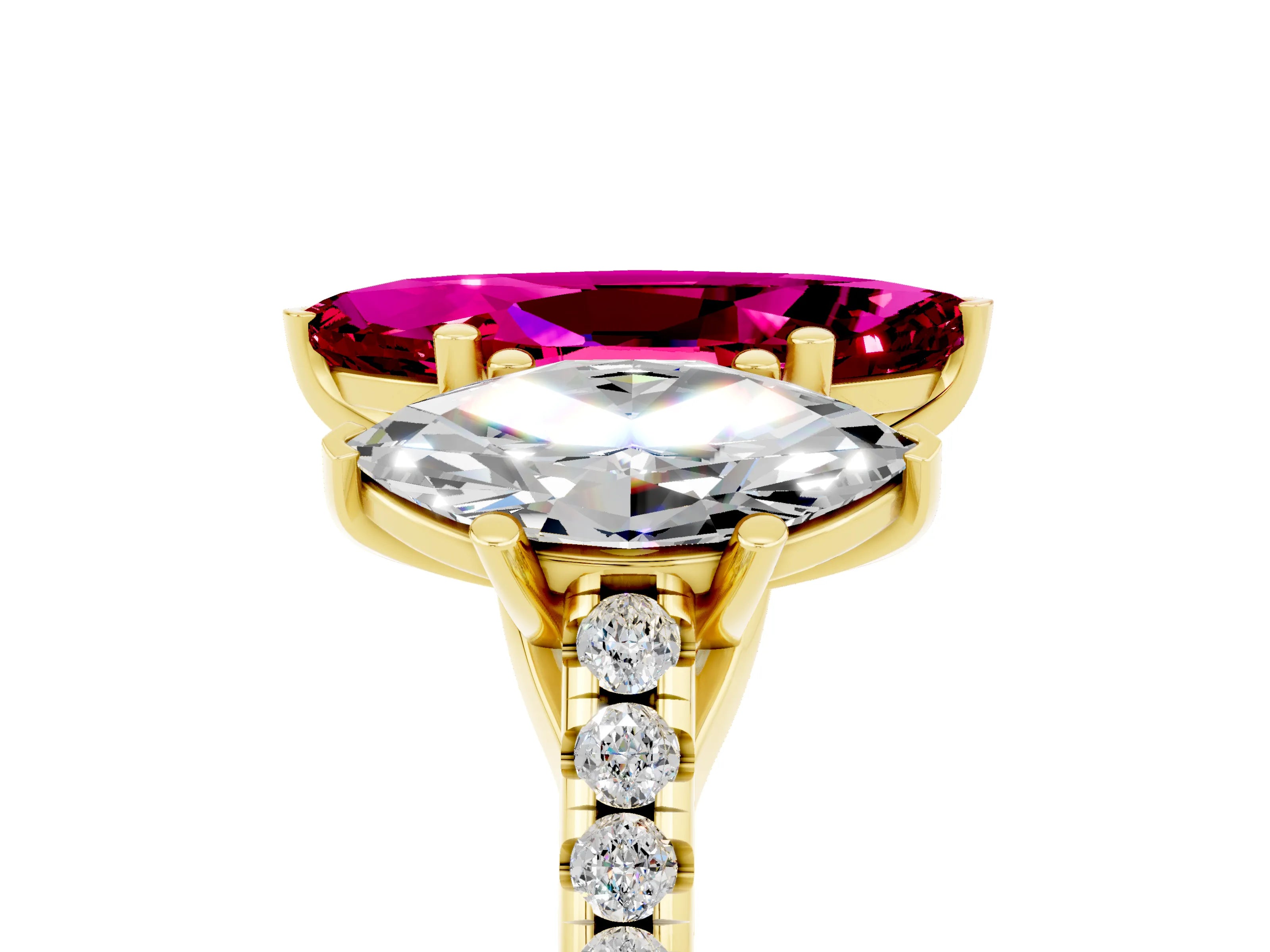 Yellow gold Three-Stone Marquise Cut Garnet Ring with Pavé Band and Prong Setting_17
