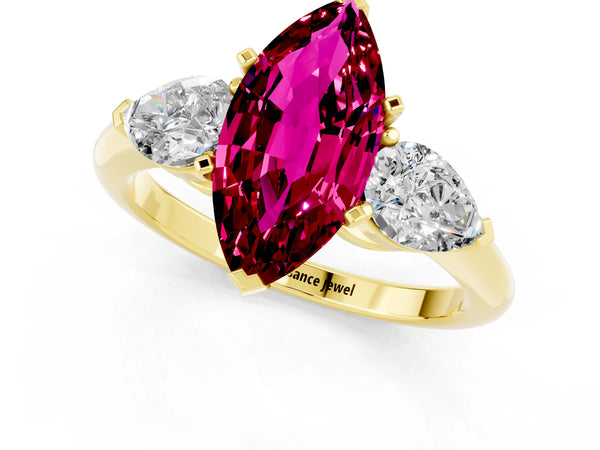 Yellow gold Three-Stone Marquise Cut Garnet Ring with Pear Side Stones and Four-Prong Setting
