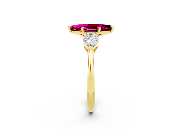 Yellow gold Three-Stone Marquise Cut Garnet Ring with Pear Side Stones and Four-Prong Setting