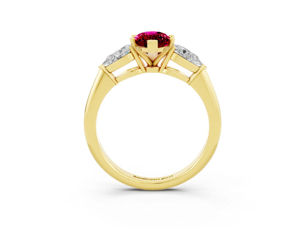 Yellow gold Three-Stone Marquise Cut Garnet Ring with Pear Side Stones and Four-Prong Setting