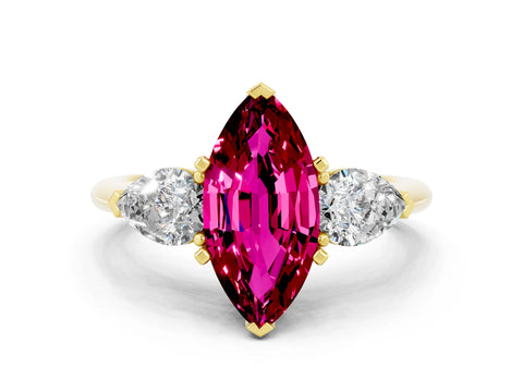 Yellow gold Three-Stone Marquise Cut Garnet Ring with Pear Side Stones and Four-Prong Setting