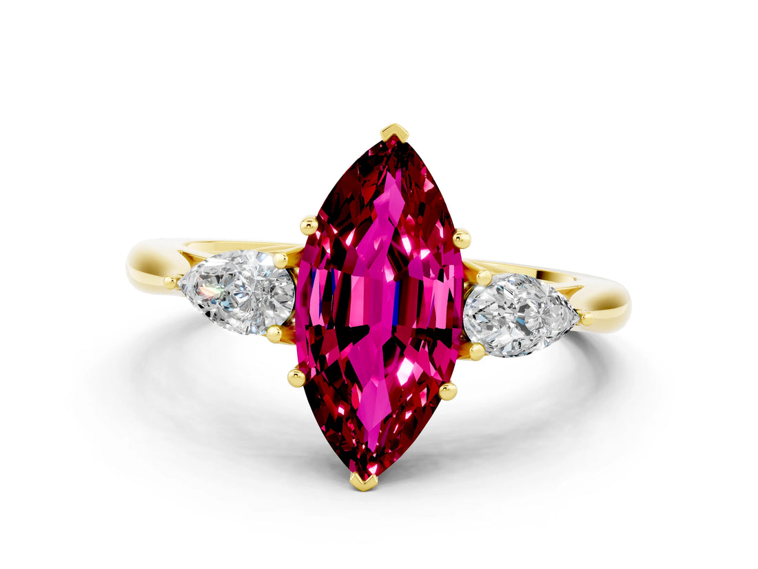Yellow gold Three-Stone Marquise Cut Garnet Ring with Pear  Side Stones in Four-Prong Setting_12