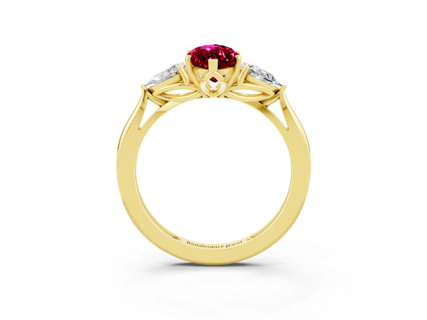Yellow gold Three-Stone Marquise Cut Garnet Ring with Pear  Side Stones in Four-Prong Setting