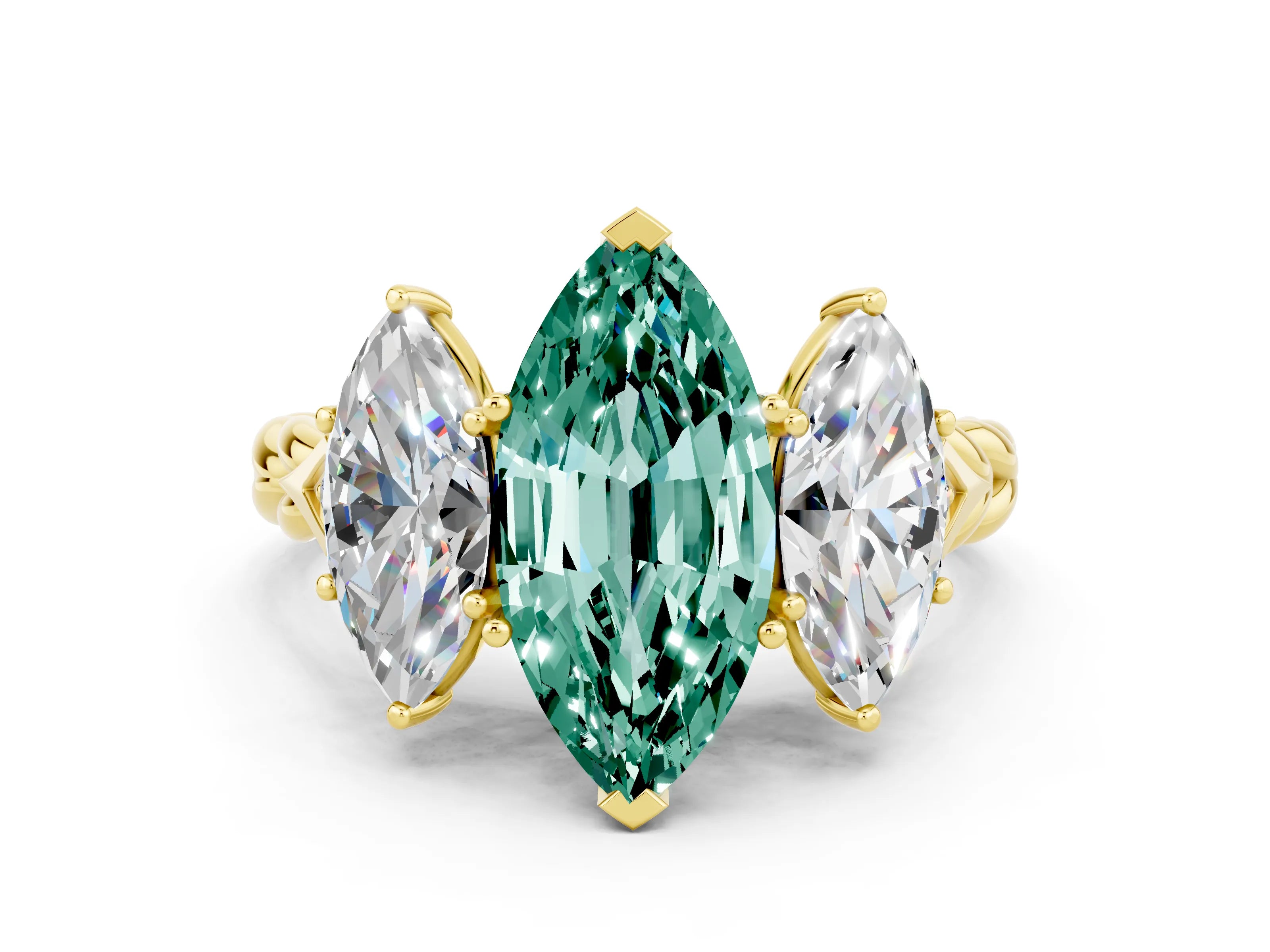 Yellow gold Three-Stone Marquise Cut Green Sapphire Braided Band Ring with Four-Prong Setting_12