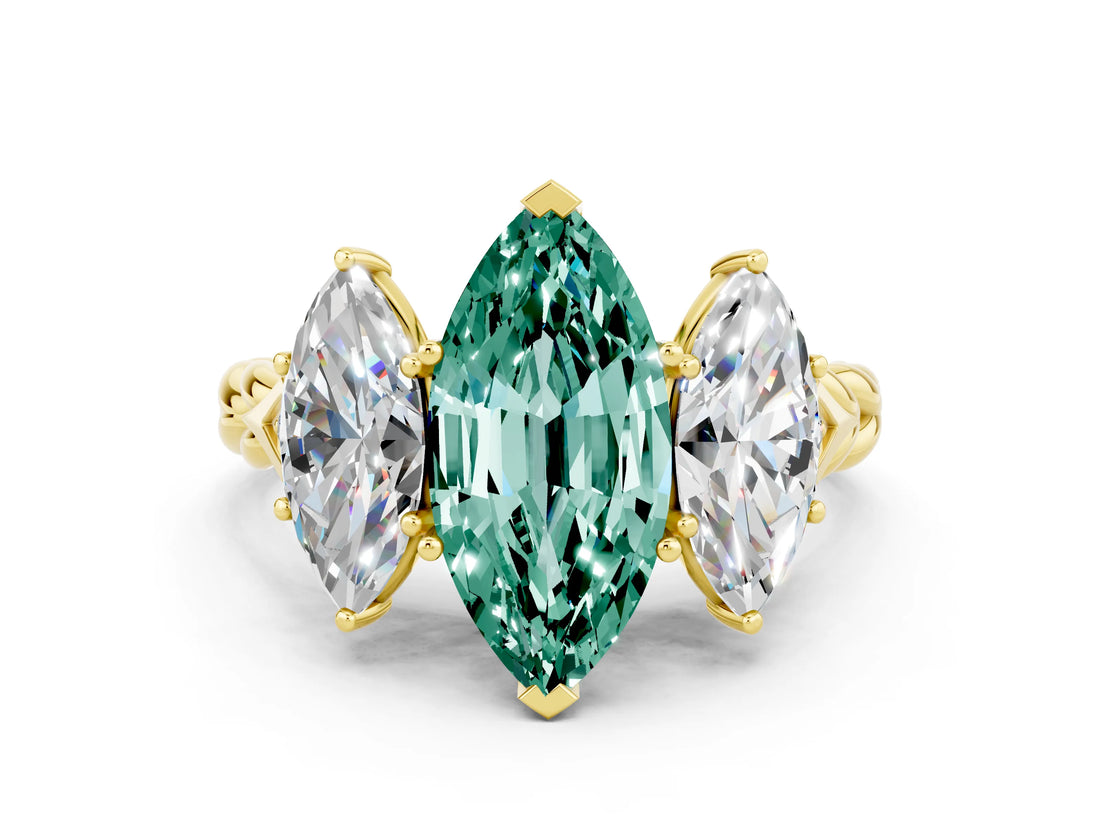 Yellow gold Three-Stone Marquise Cut Green Sapphire Braided Band Ring with Four-Prong Setting_12
