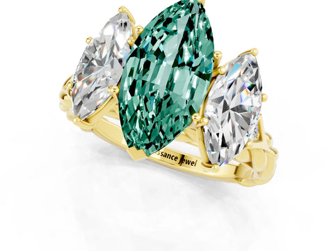 Yellow gold Three-Stone Marquise Cut Green Sapphire Braided Band Ring with Four-Prong Setting_13