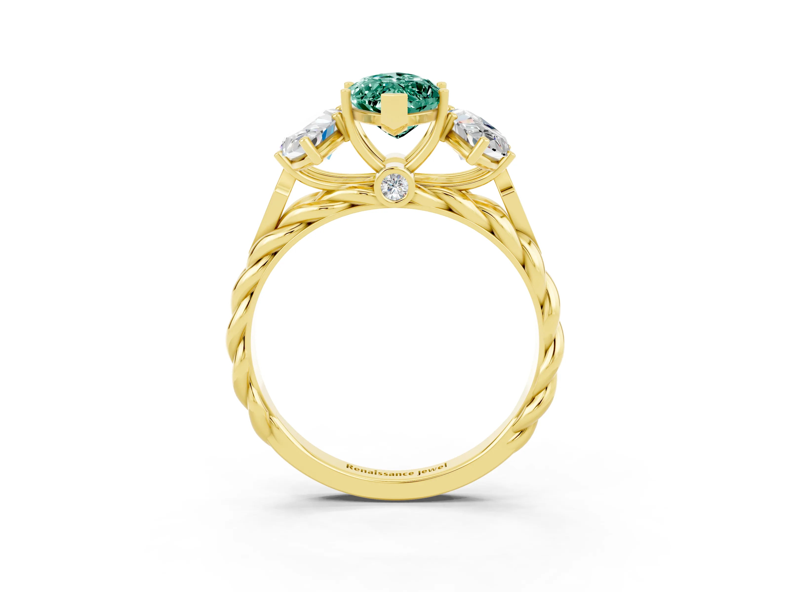 Yellow gold Three-Stone Marquise Cut Green Sapphire Braided Band Ring with Four-Prong Setting_15