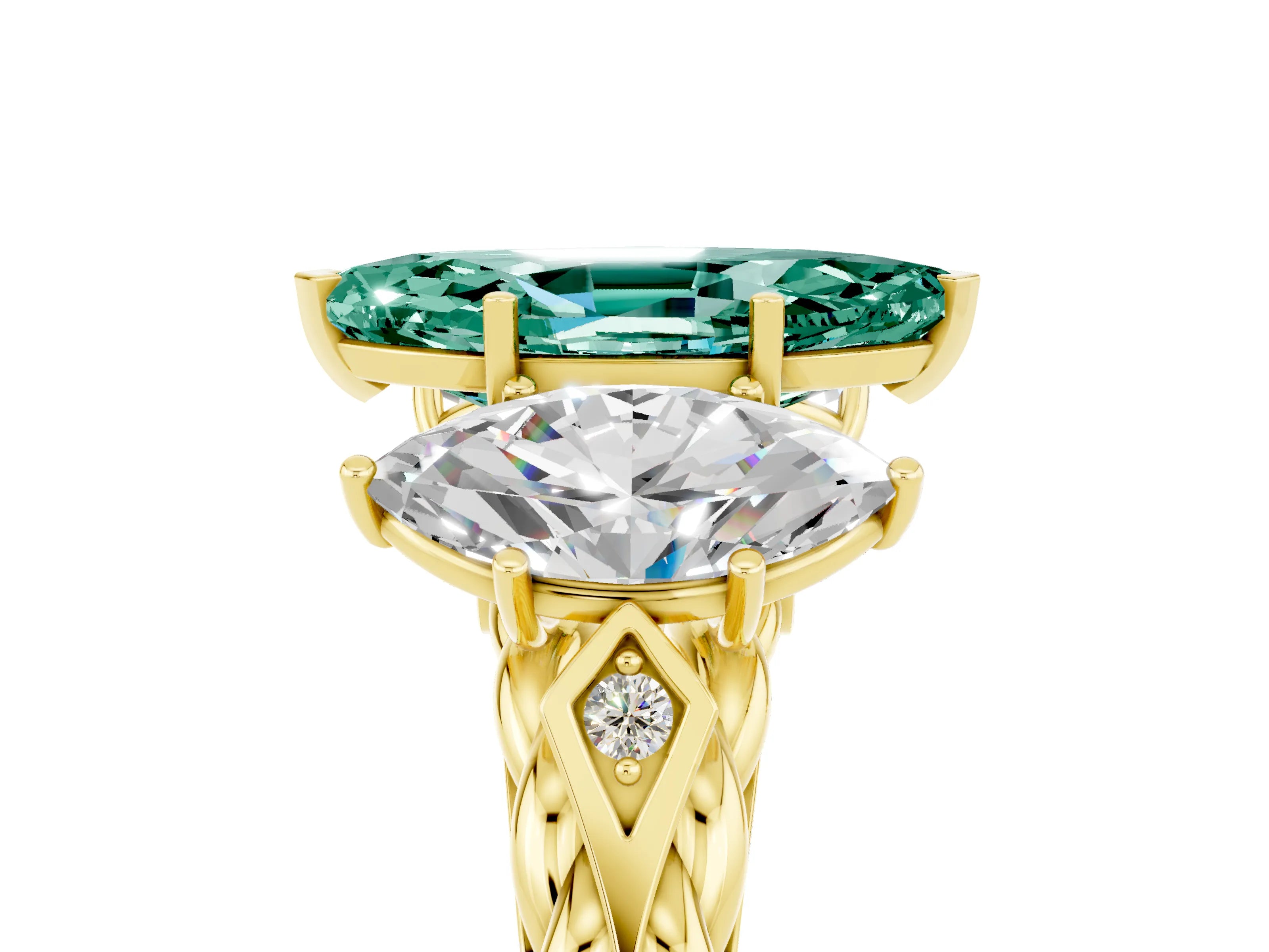 Yellow gold Three-Stone Marquise Cut Green Sapphire Braided Band Ring with Four-Prong Setting_17