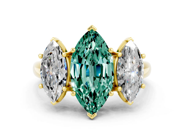 Yellow gold Three-Stone Marquise Cut Green Sapphire Engagement Ring with Prong Setting
