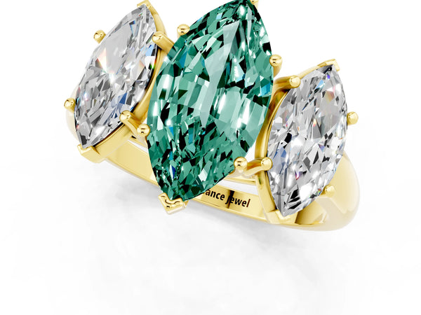 Yellow gold Three-Stone Marquise Cut Green Sapphire Engagement Ring with Prong Setting