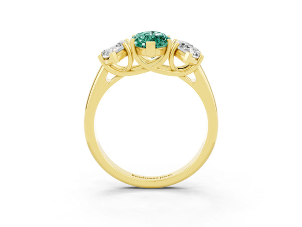 Yellow gold Three-Stone Marquise Cut Green Sapphire Engagement Ring with Prong Setting