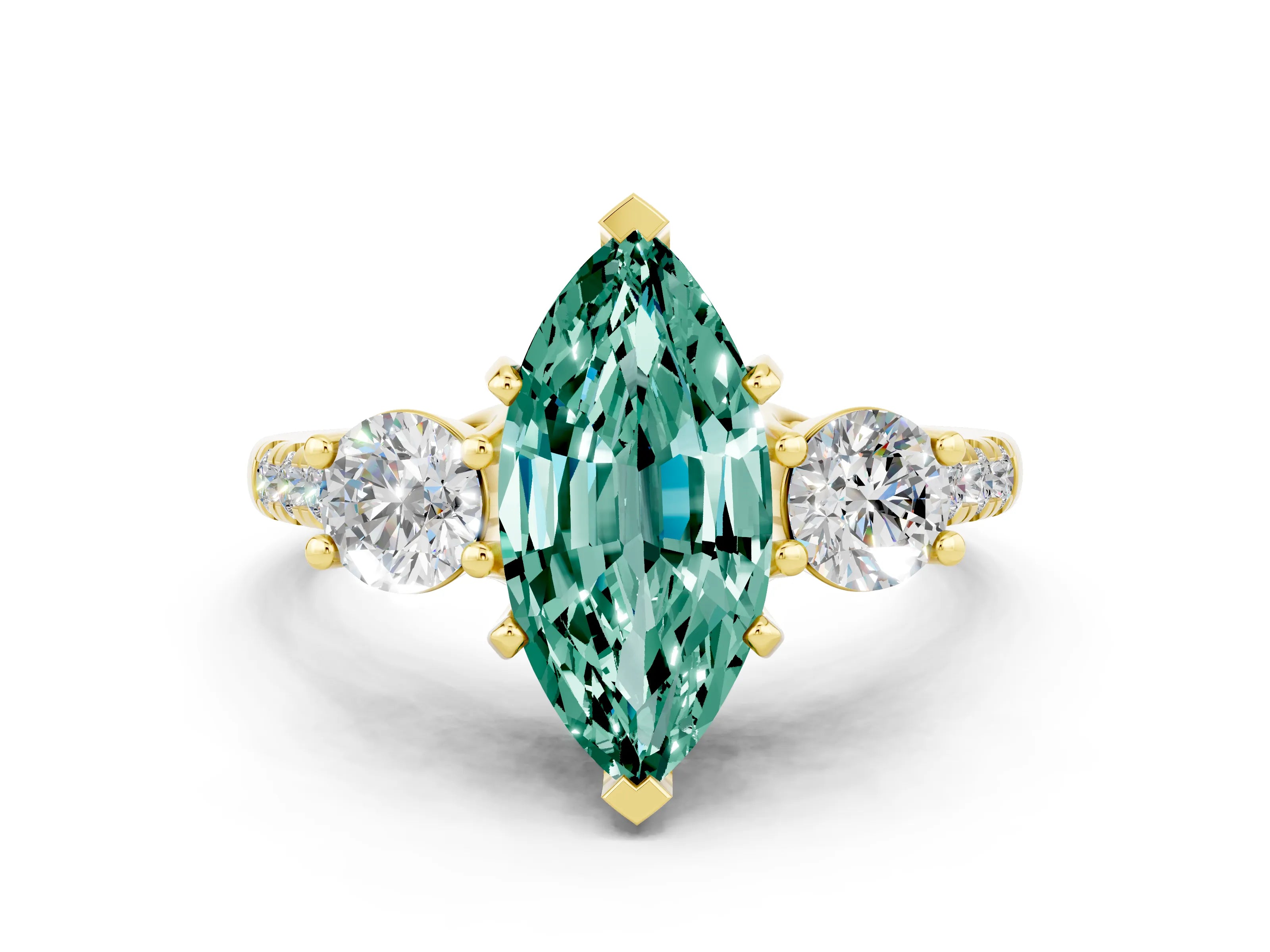 Yellow gold Three-Stone Marquise Cut Green Sapphire Pavé Band with Four-Prong Setting