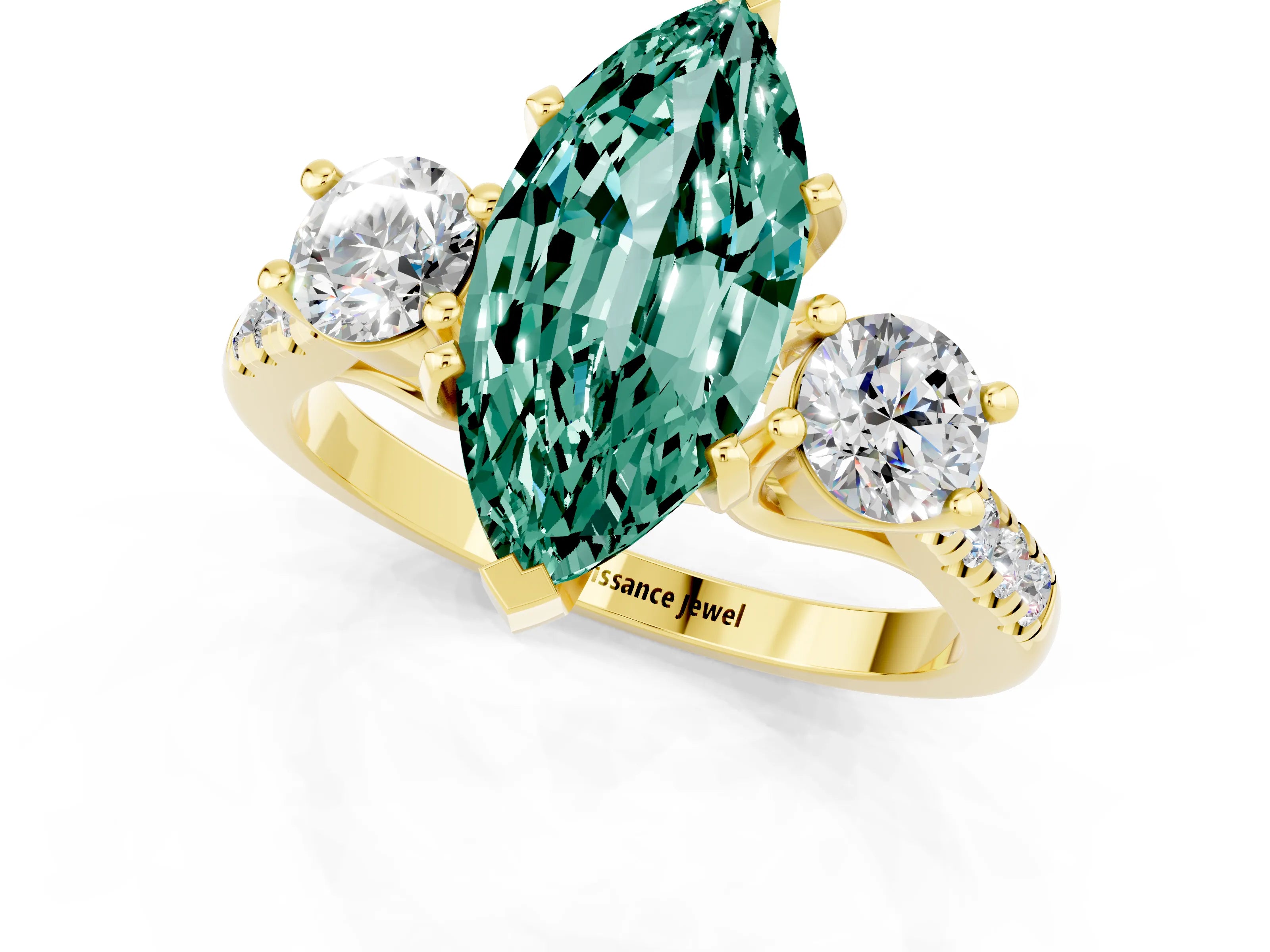 Yellow gold Three-Stone Marquise Cut Green Sapphire Pavé Band with Four-Prong Setting_1
