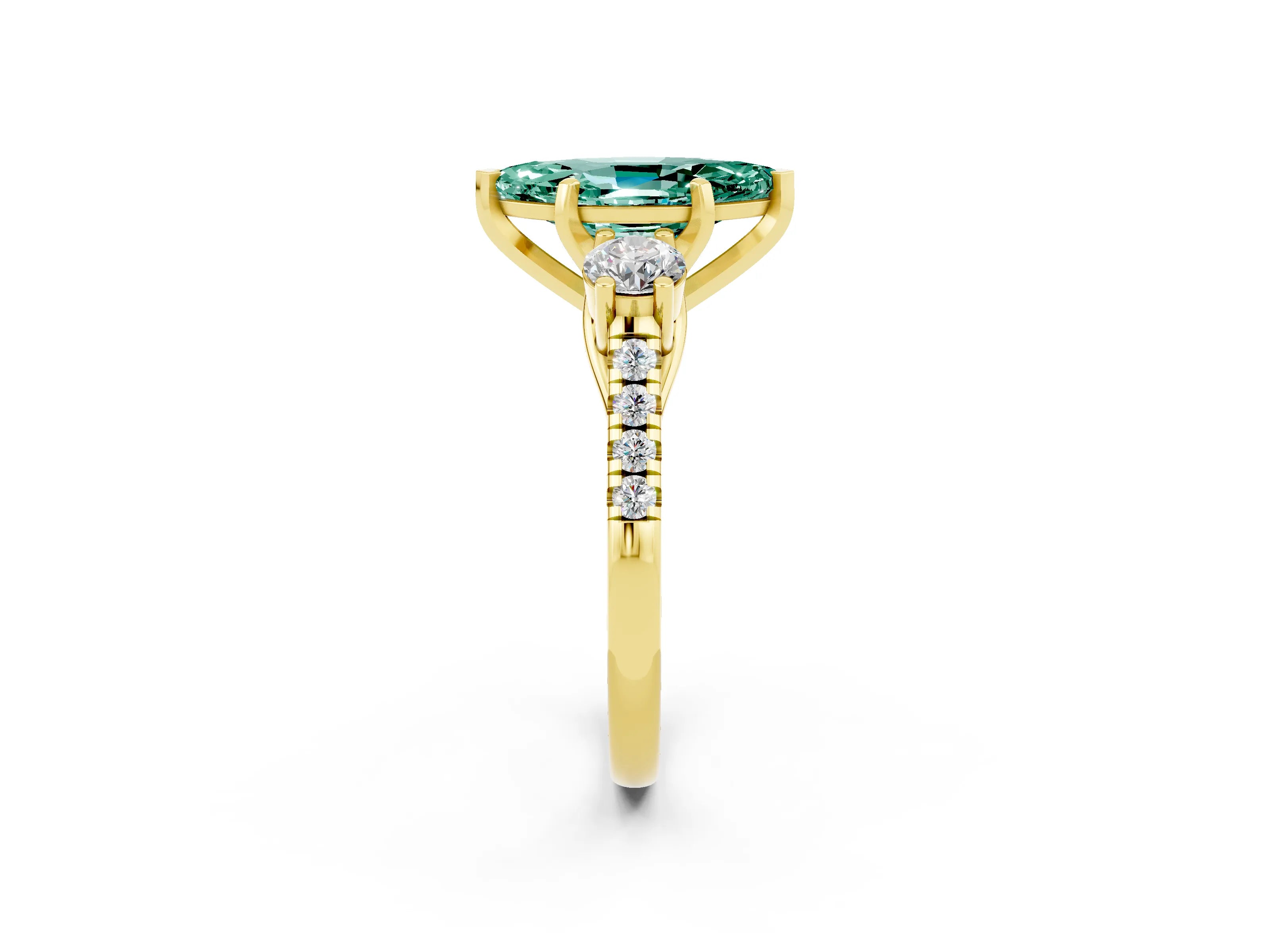 Yellow gold Three-Stone Marquise Cut Green Sapphire Pavé Band with Four-Prong Setting_2