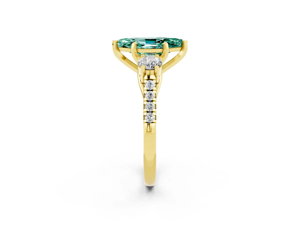 Yellow gold Three-Stone Marquise Cut Green Sapphire Pavé Band with Four-Prong Setting