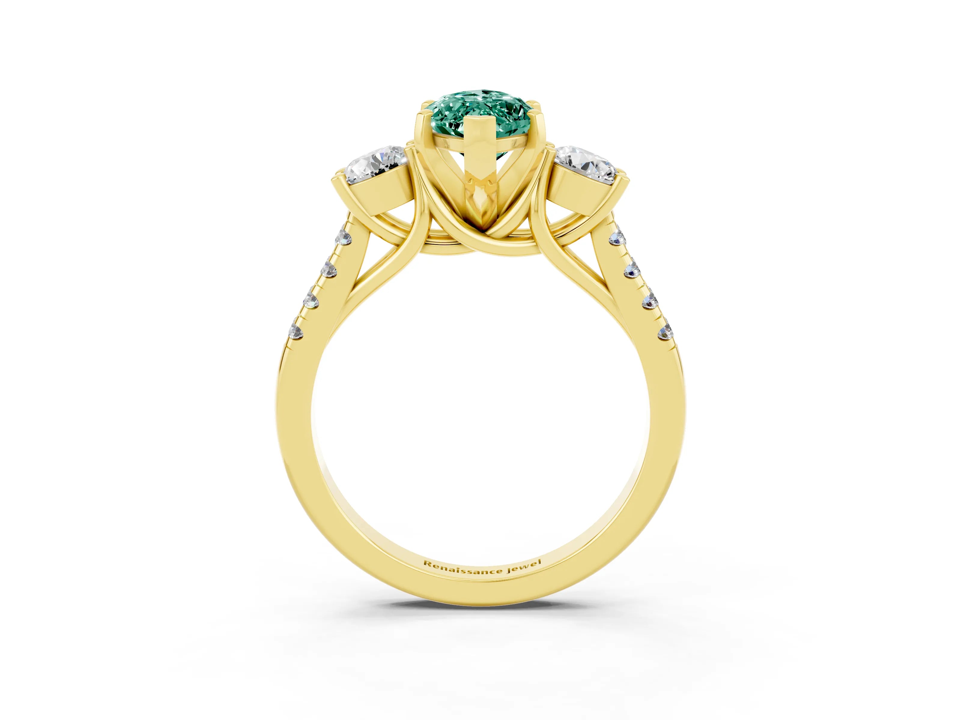 Yellow gold Three-Stone Marquise Cut Green Sapphire Pavé Band with Four-Prong Setting_3