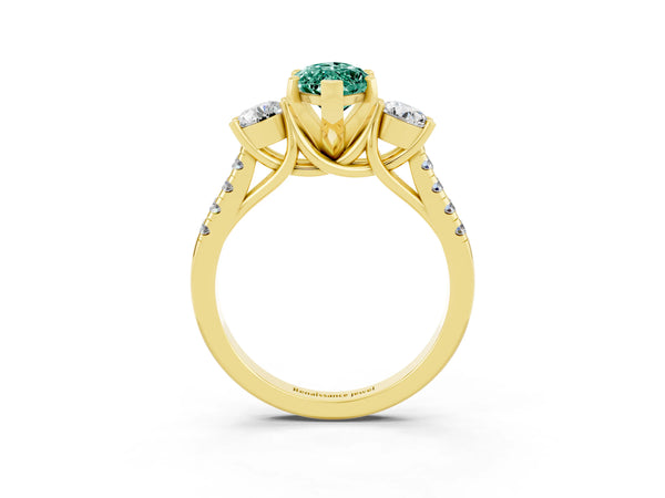 Yellow gold Three-Stone Marquise Cut Green Sapphire Pavé Band with Four-Prong Setting
