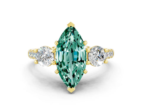 Yellow gold Three-Stone Marquise Cut Green Sapphire Pavé Band with Four-Prong Setting