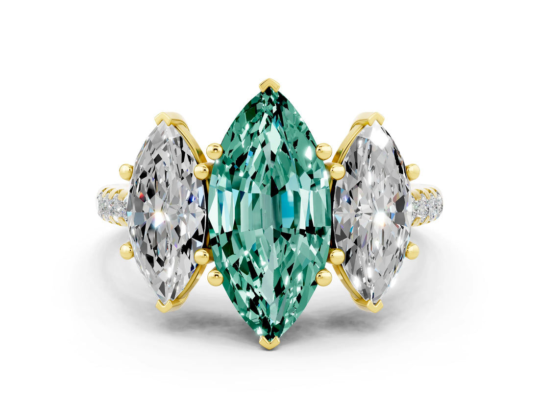 Yellow gold Three-Stone Marquise Cut Green Sapphire Ring with Pavé Band and Prong Setting_12