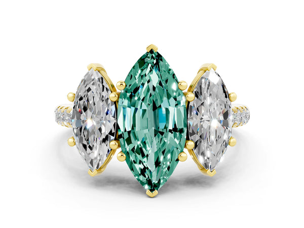 Yellow gold Three-Stone Marquise Cut Green Sapphire Ring with Round  Pavé Band and Prong Setting
