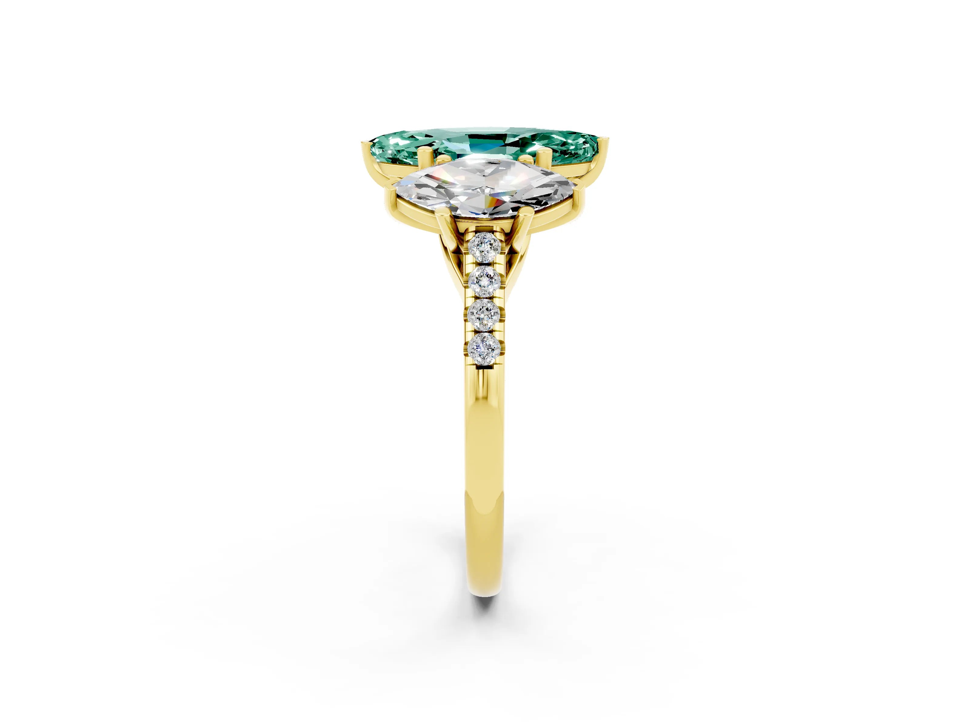Yellow gold Three-Stone Marquise Cut Green Sapphire Ring with Pavé Band and Prong Setting_14
