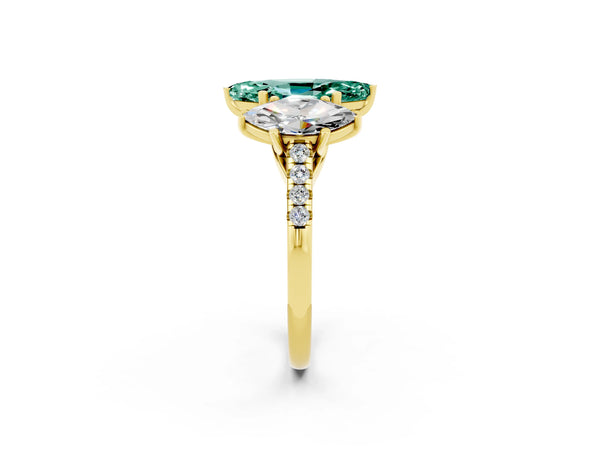 Yellow gold Three-Stone Marquise Cut Green Sapphire Ring with Round  Pavé Band and Prong Setting