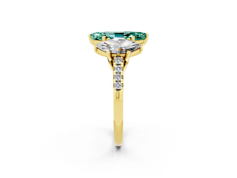 Yellow gold Three-Stone Marquise Cut Green Sapphire Ring with Pavé Band and Prong Setting_14
