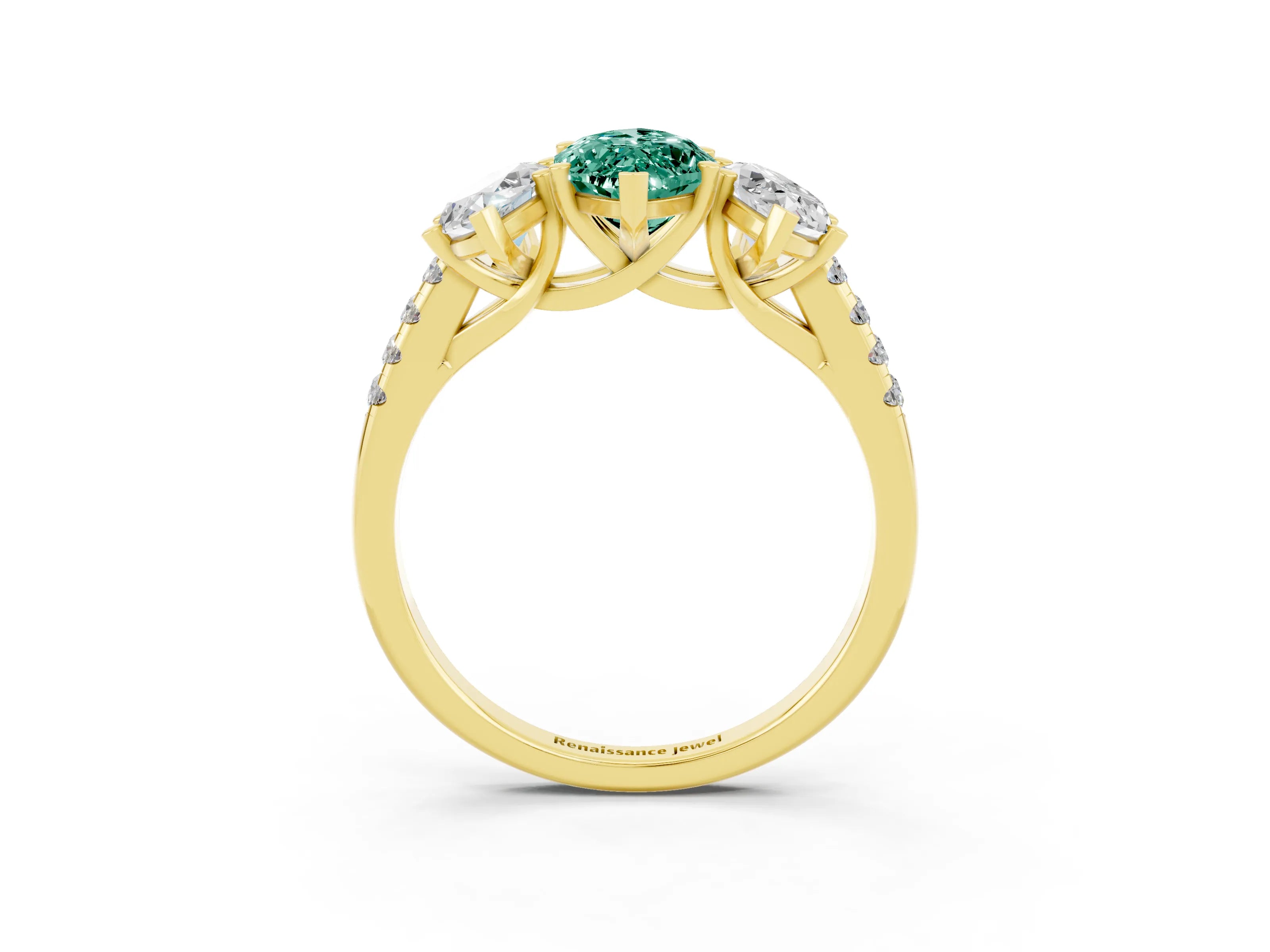 Yellow gold Three-Stone Marquise Cut Green Sapphire Ring with Pavé Band and Prong Setting_15