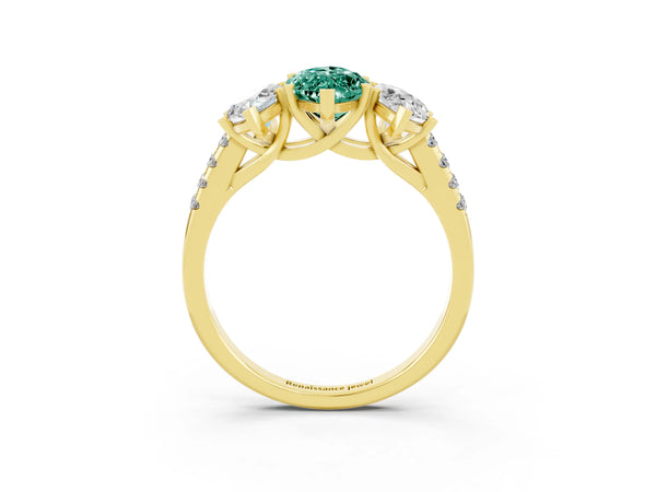 Yellow gold Three-Stone Marquise Cut Green Sapphire Ring with Round  Pavé Band and Prong Setting