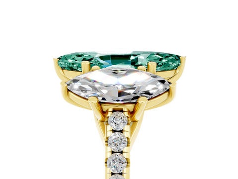 Yellow gold Three-Stone Marquise Cut Green Sapphire Ring with Pavé Band and Prong Setting_17