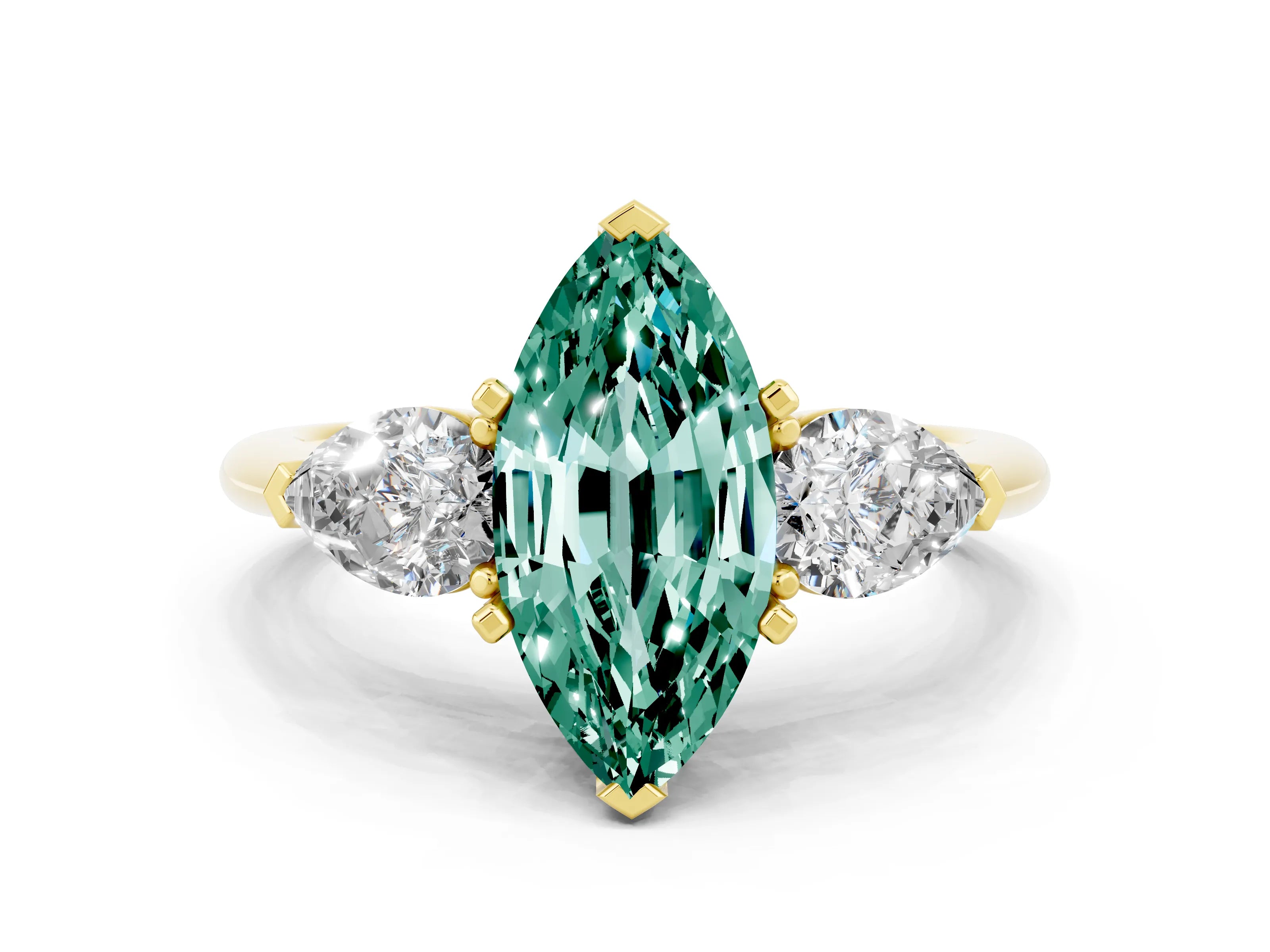 Yellow gold Three-Stone Marquise Cut Green Sapphire Ring with Pear Side Stones and Four-Prong Setting