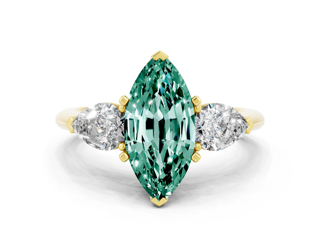 Yellow gold Three-Stone Marquise Cut Green Sapphire Ring with Pear Side Stones and Four-Prong Setting