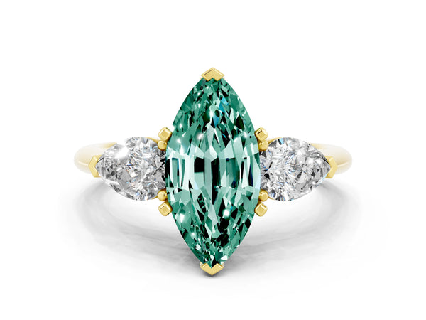 Yellow gold Three-Stone Marquise Cut Green Sapphire Ring with Pear Side Stones and Four-Prong Setting