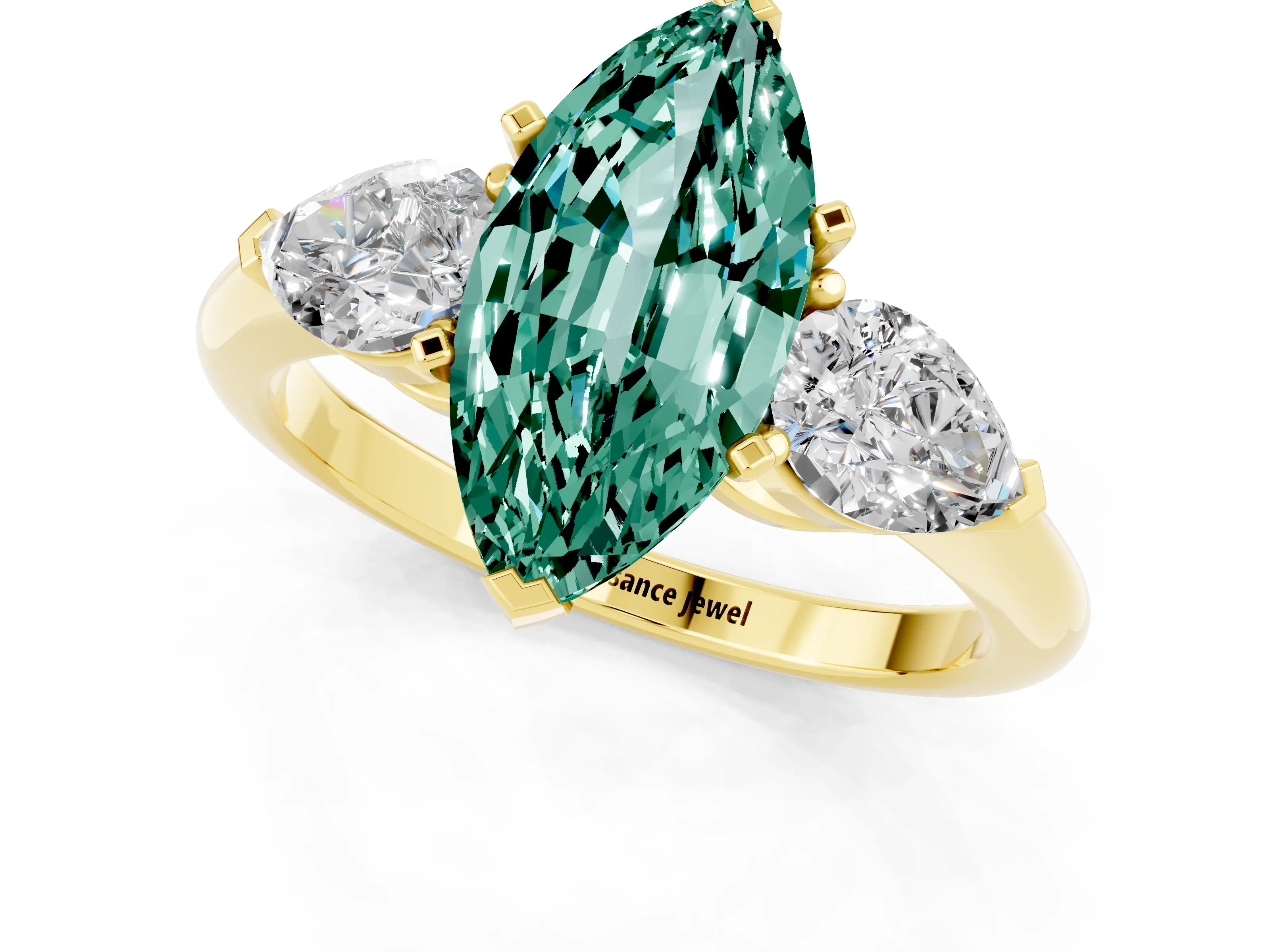 Yellow gold Three-Stone Marquise Cut Green Sapphire Ring with Pear Side Stones and Four-Prong Setting_1