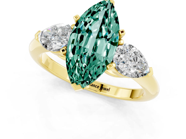 Yellow gold Three-Stone Marquise Cut Green Sapphire Ring with Pear Side Stones and Four-Prong Setting