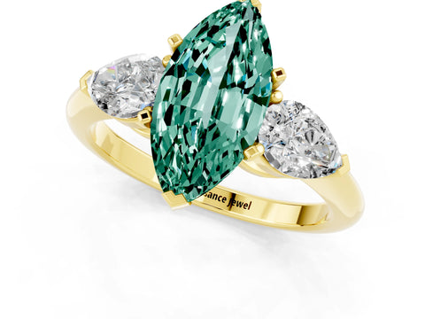 Yellow gold Three-Stone Marquise Cut Green Sapphire Ring with Pear Side Stones and Four-Prong Setting_1