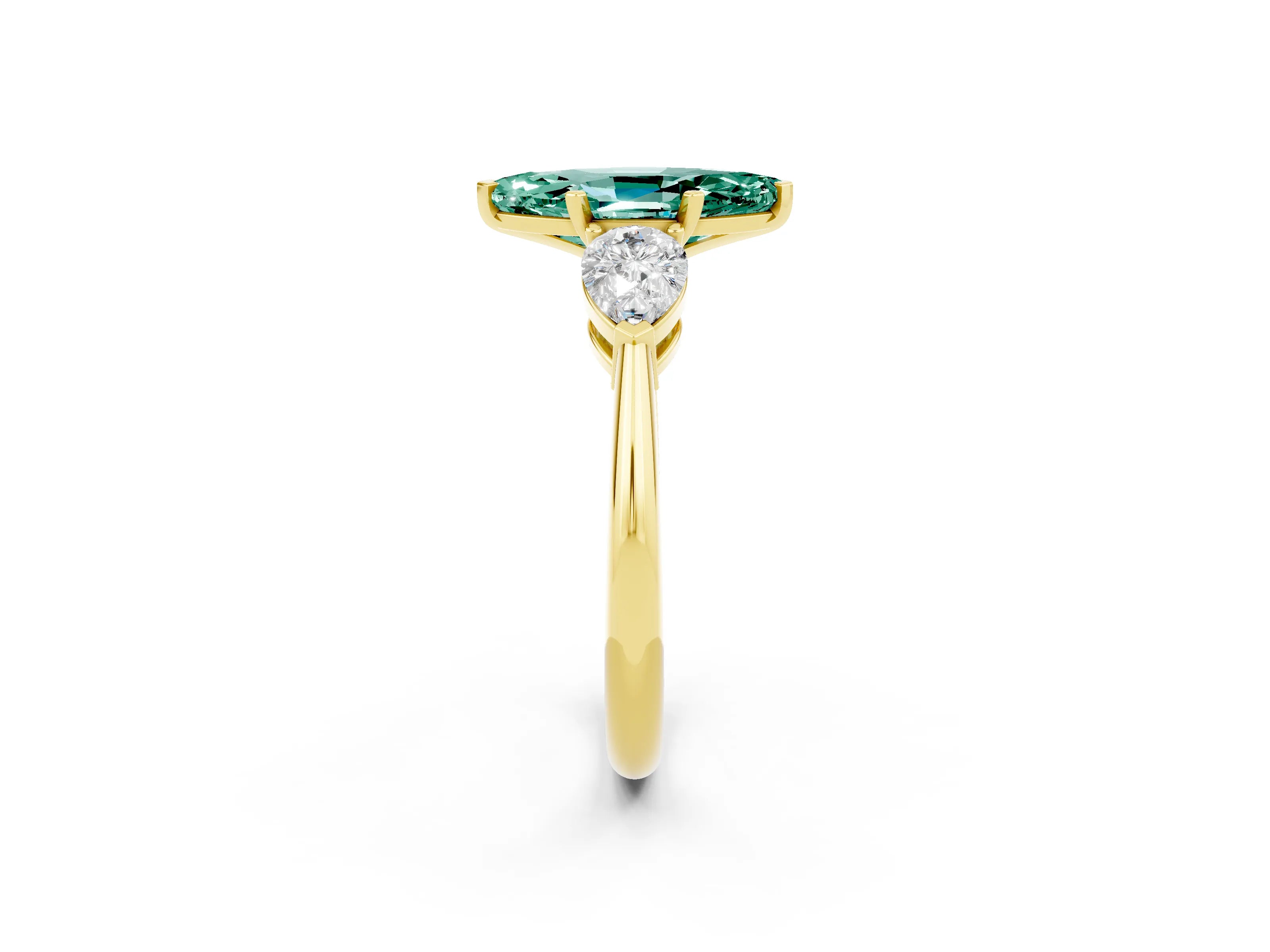 Yellow gold Three-Stone Marquise Cut Green Sapphire Ring with Pear Side Stones and Four-Prong Setting_2