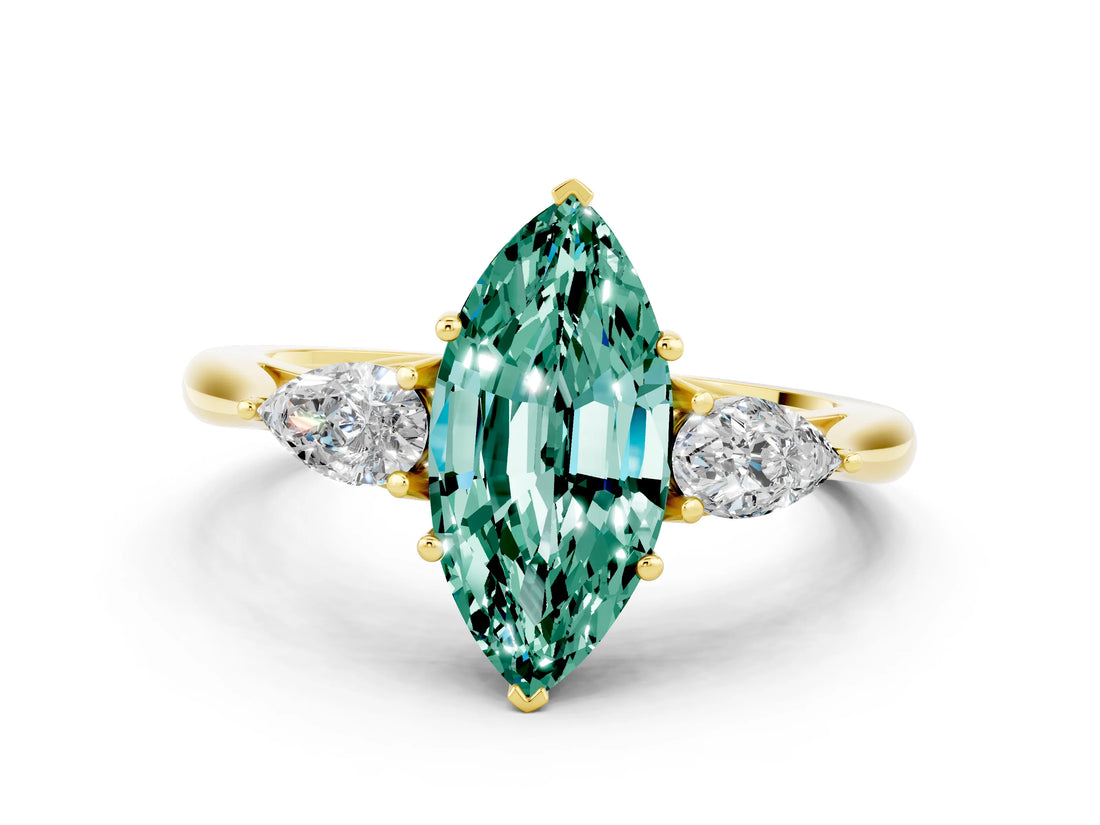 Yellow gold Three-Stone Marquise Cut Green Sapphire Ring with Pear  Side Stones in Four-Prong Setting_12