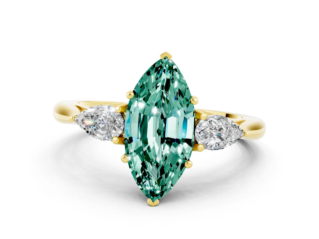 Yellow gold Three-Stone Marquise Cut Green Sapphire Ring with Pear  Side Stones in Four-Prong Setting_36
