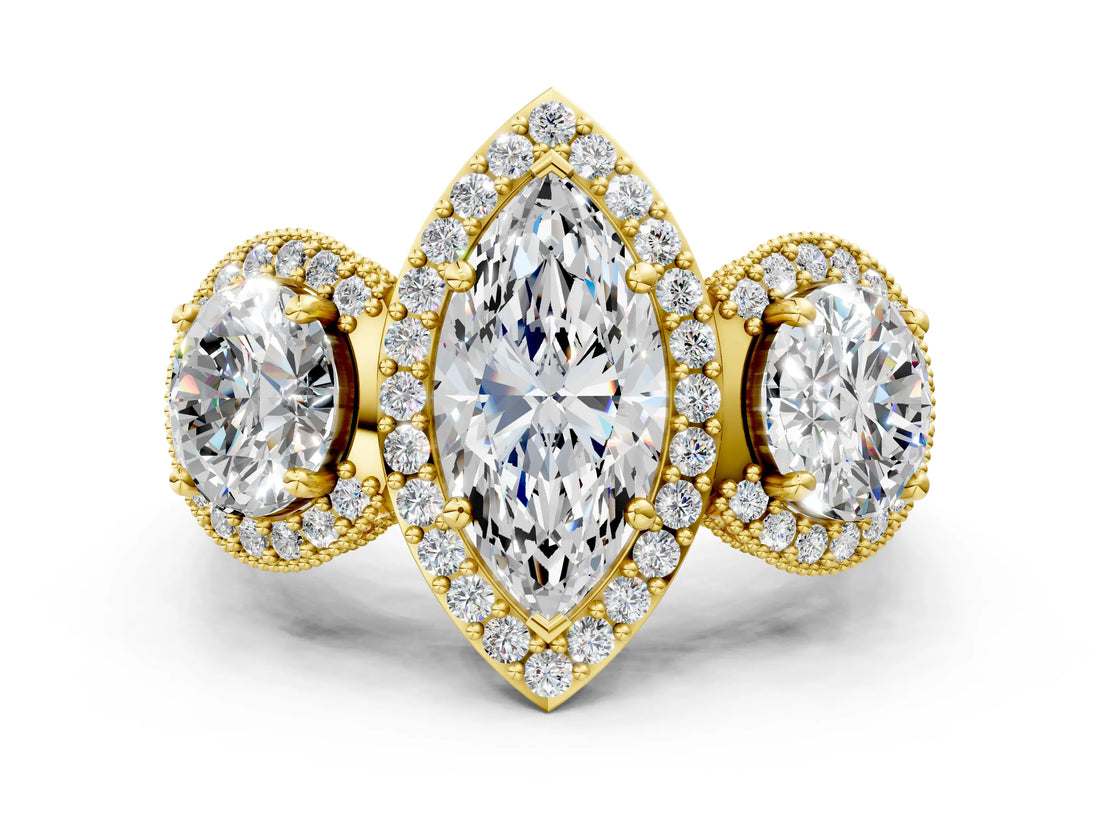 Yellow gold Three-Stone Marquise Cut Halo Diamond Milgrain Band with Four-Prong Setting_3