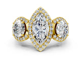 Yellow gold Three-Stone Marquise Cut Halo Diamond Milgrain Band with Four-Prong Setting_3