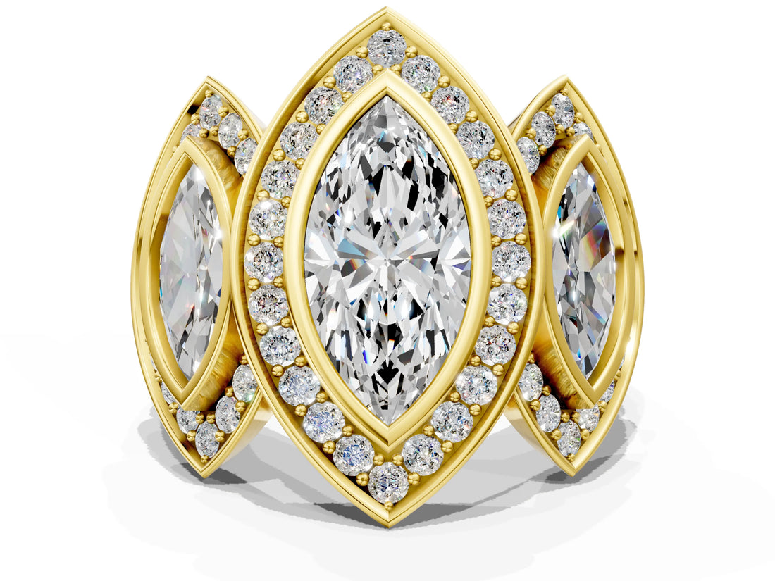 Yellow gold Three-Stone Marquise Cut Halo Pavé Diamond Ring_3
