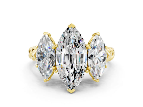 Yellow gold Three-Stone Marquise Cut Moissanite Braided Band Ring with Four-Prong Setting_12