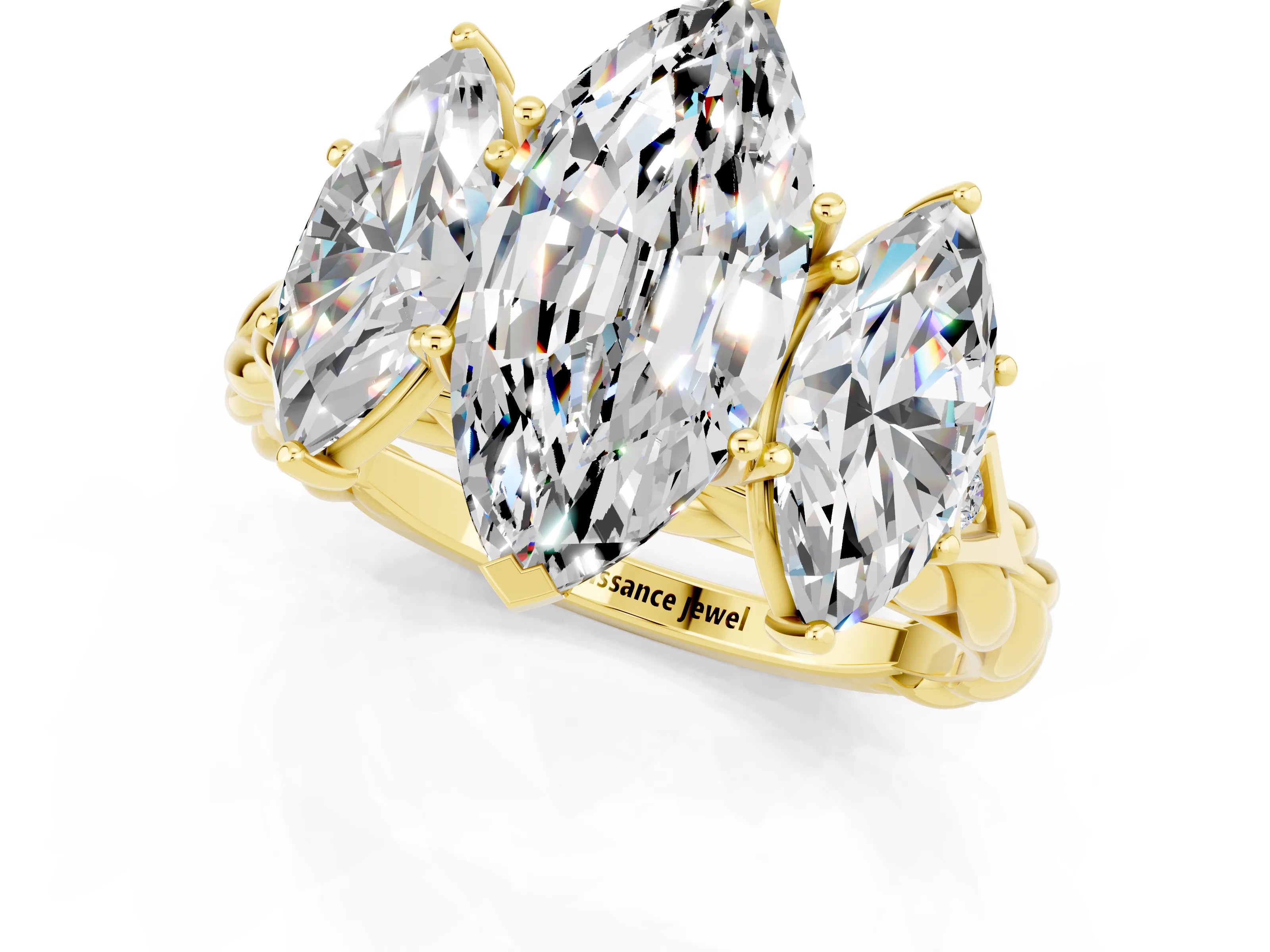 Yellow gold Three-Stone Marquise Cut Moissanite Braided Band Ring with Four-Prong Setting_13
