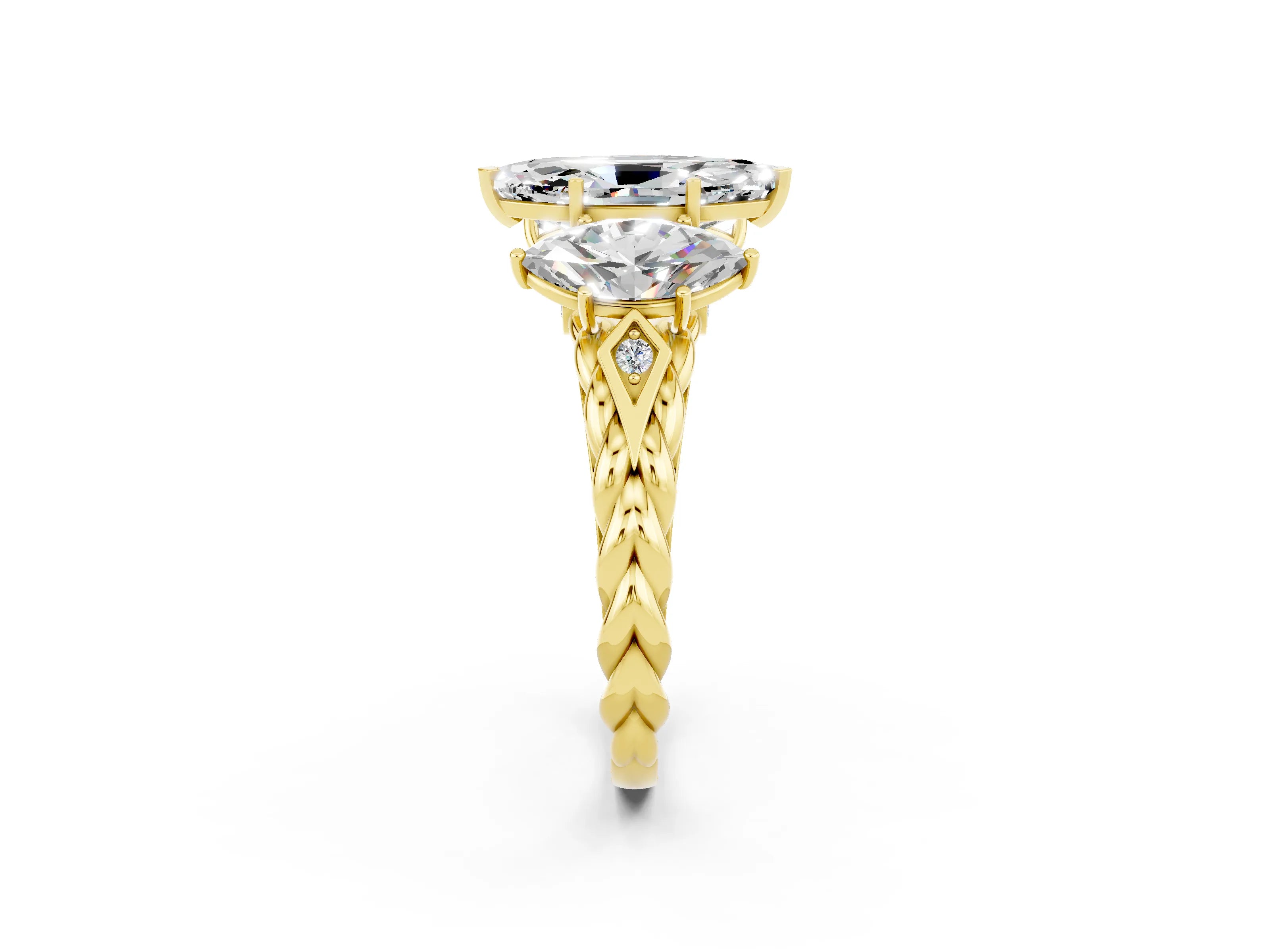 Yellow gold Three-Stone Marquise Cut Moissanite Braided Band Ring with Four-Prong Setting_14