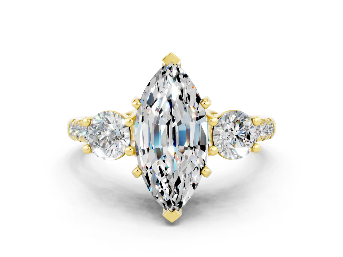 Yellow gold Three-Stone Marquise Cut Moissanite Pavé Band with Four-Prong Setting